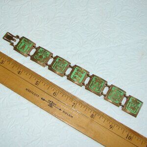 Vtg Art Deco Heraldic Enameled Brass Panel BRACELET,France City Coat of Arms E92